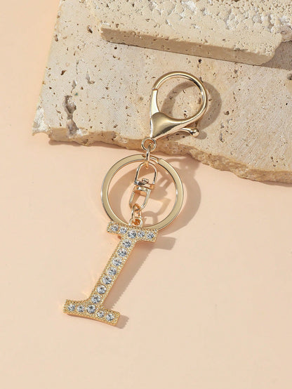 1pc Women's Fashion A-Z Letter Rhinestone Decorated Key Chain Pendant Keyring Wallet Handbag Charm