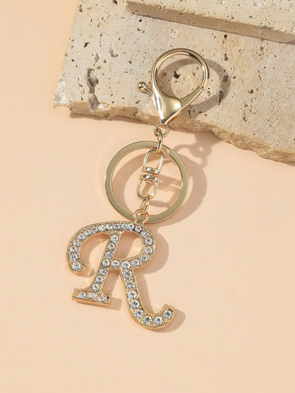 1pc Women's Fashion A-Z Letter Rhinestone Decorated Key Chain Pendant Keyring Wallet Handbag Charm