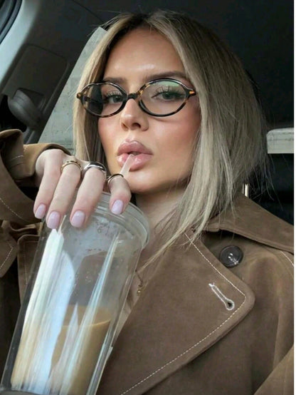 1pc Women's Oval Small Oval Frame Personalized Street Style Concave Transparent Glasses, Summer Study Accessories