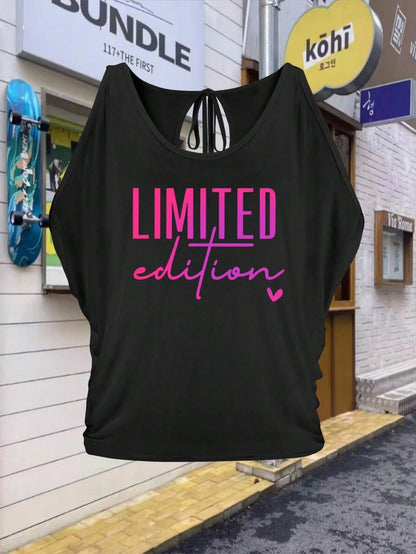 1pc Women's Plus Size Limited Edition Black T-Shirt With Pink Monogram Slogan & Heart Accent- Casual Crew Neck Short Sleeve Relaxed Fit Top- Machine Washable Spring Summer Statement Tee For Casual A