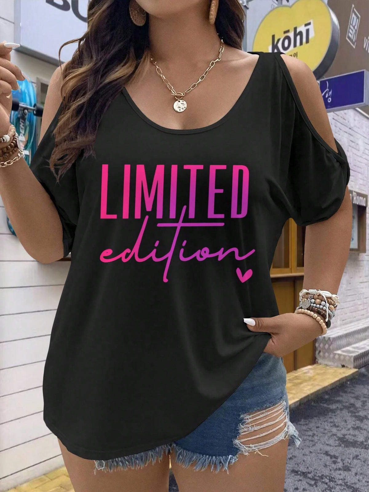 1pc Women's Plus Size Limited Edition Black T-Shirt With Pink Monogram Slogan & Heart Accent- Casual Crew Neck Short Sleeve Relaxed Fit Top- Machine Washable Spring Summer Statement Tee For Casual A