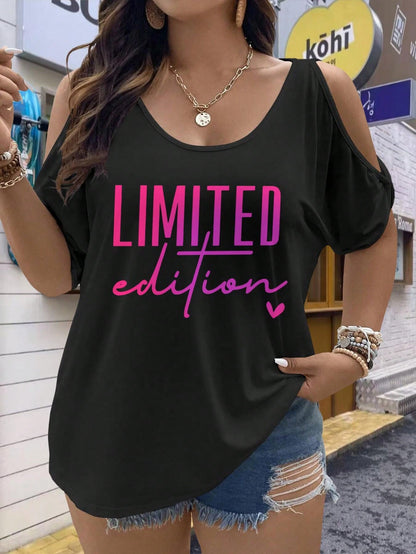 1pc Women's Plus Size Limited Edition Black T-Shirt With Pink Monogram Slogan & Heart Accent- Casual Crew Neck Short Sleeve Relaxed Fit Top- Machine Washable Spring Summer Statement Tee For Casual A