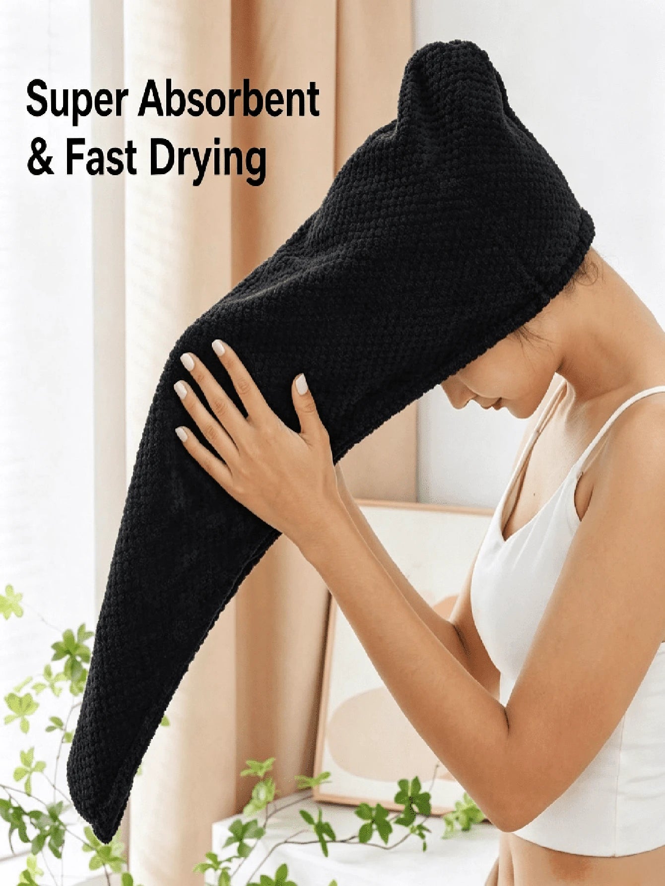1pc Women's Thickened Hair Drying Cap, Black/Solid Color Hair Towel, 25*65cm. Super Absorbent, Quick Drying Head Towel, Suitable For Wet Hair, Curly Hair, Bathroom Supplies, Bathroom Accessories. Suit