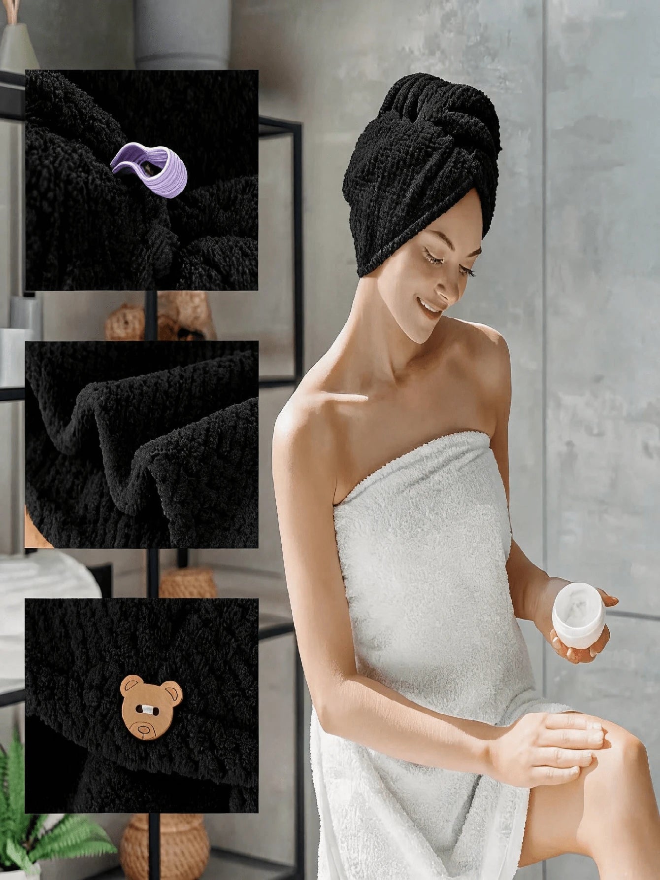 1pc Women's Thickened Hair Drying Cap, Black/Solid Color Hair Towel, 25*65cm. Super Absorbent, Quick Drying Head Towel, Suitable For Wet Hair, Curly Hair, Bathroom Supplies, Bathroom Accessories. Suit