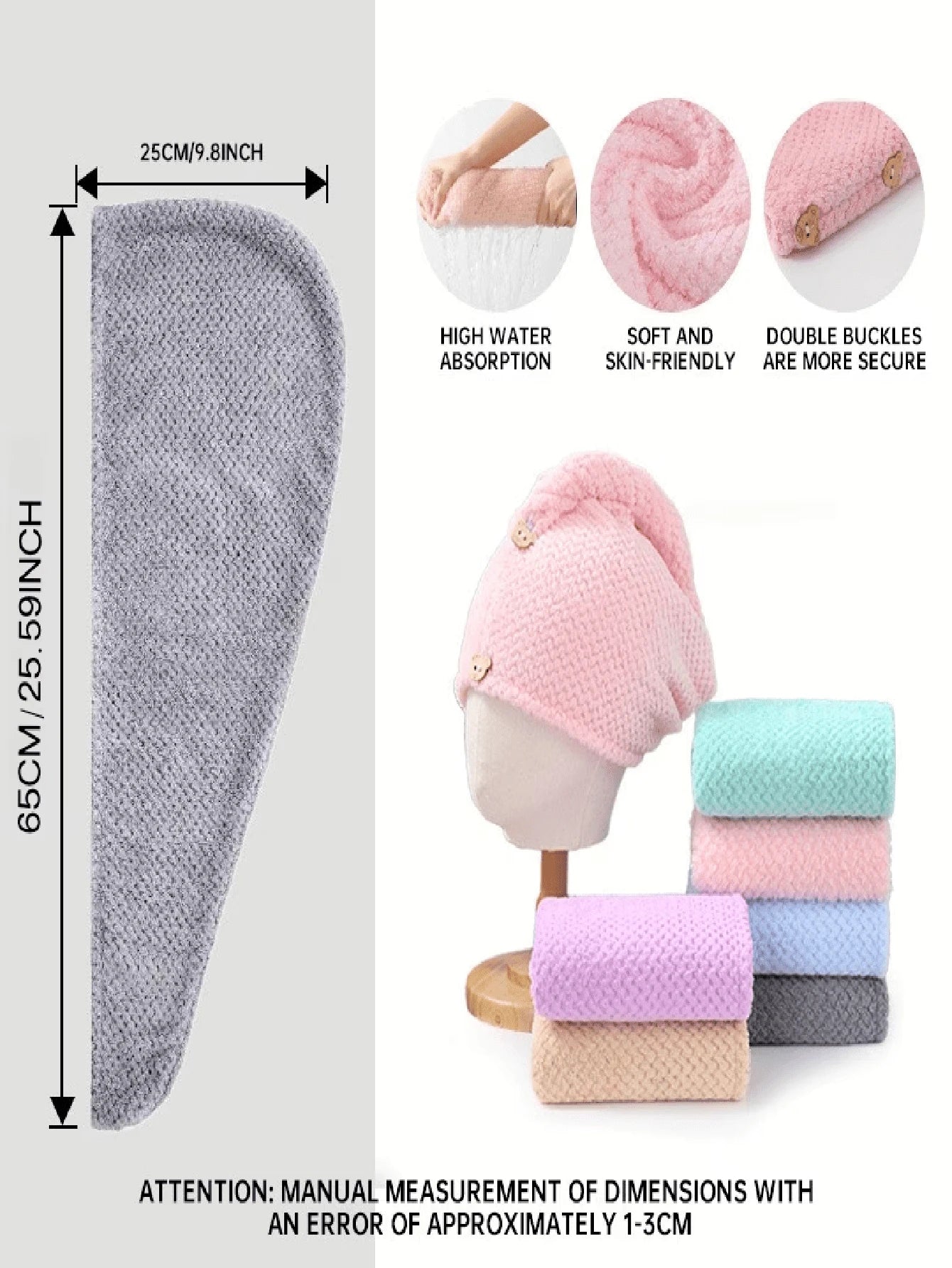 1pc Women's Thickened Hair Drying Cap, Black/Solid Color Hair Towel, 25*65cm. Super Absorbent, Quick Drying Head Towel, Suitable For Wet Hair, Curly Hair, Bathroom Supplies, Bathroom Accessories. Suit