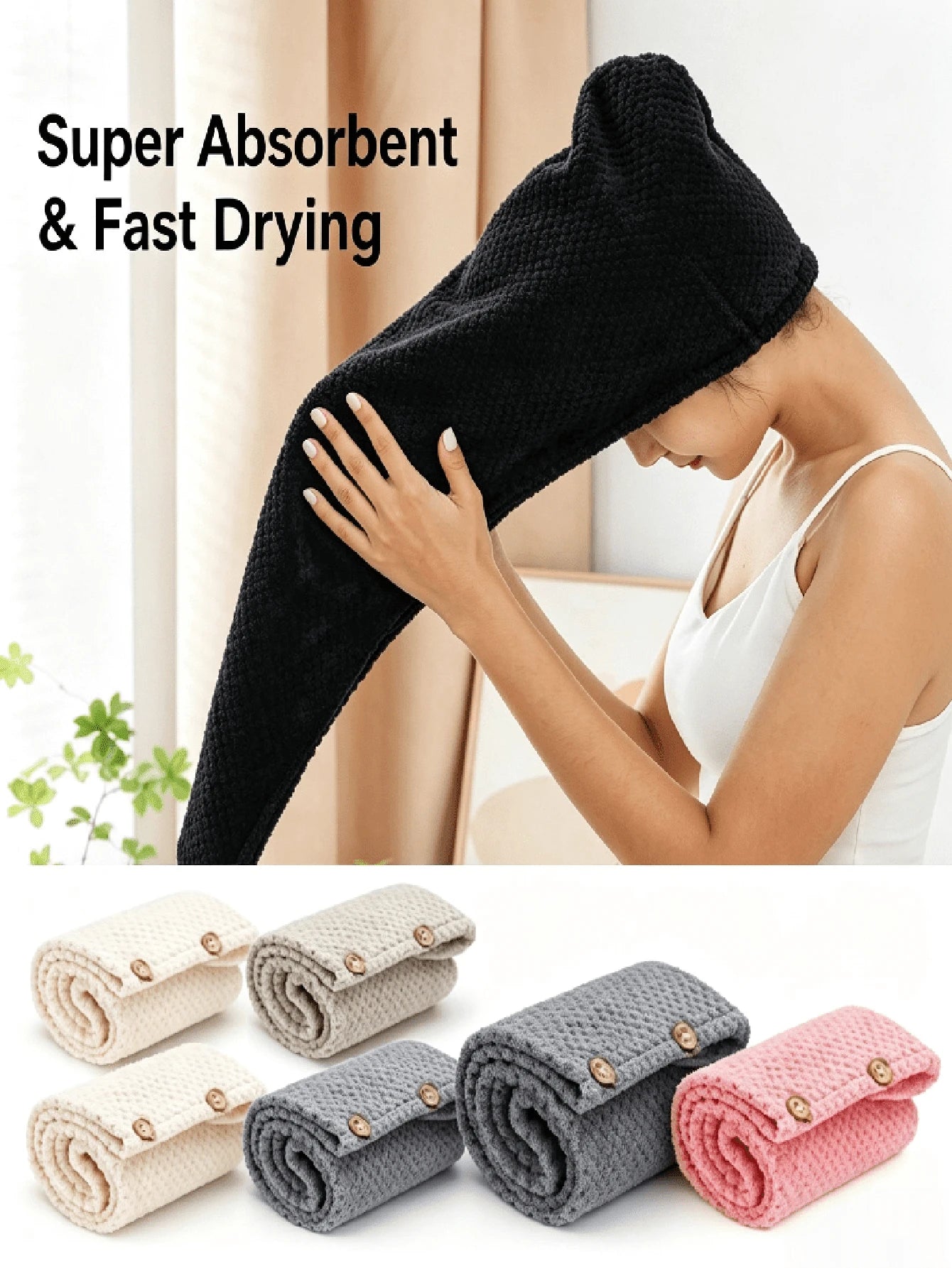 1pc Women's Thickened Hair Drying Cap, Black/Solid Color Hair Towel, 25*65cm. Super Absorbent, Quick Drying Head Towel, Suitable For Wet Hair, Curly Hair, Bathroom Supplies, Bathroom Accessories. Suit