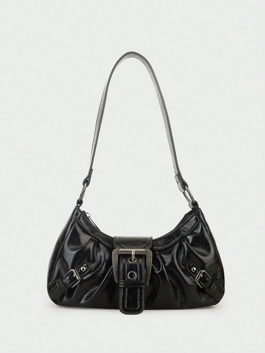 1pc Women's Vintage Style Motorcycle Bag, Made Of Soft Leather, With Rivet Decoration, Buckle Design, Pleated Body, Cloud-Shaped. This Bag Is Suitable For Work, Commuting, Dating Or Attending Parties.