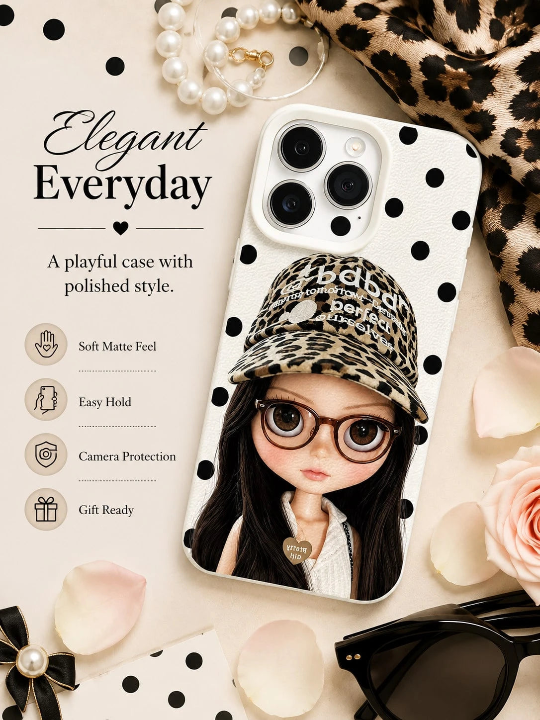 1PC Y2K Blythe Doll Phone Case For IPhone 17 16 15 14 13 12 11 Pro Max, Glasses Leopard Print Cap Big Eyed Doll Black Polka Dot White Grain TPU Shockproof Phone Cover