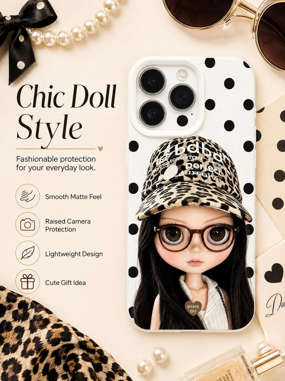 1PC Y2K Blythe Doll Phone Case For IPhone 17 16 15 14 13 12 11 Pro Max, Glasses Leopard Print Cap Big Eyed Doll Black Polka Dot White Grain TPU Shockproof Phone Cover