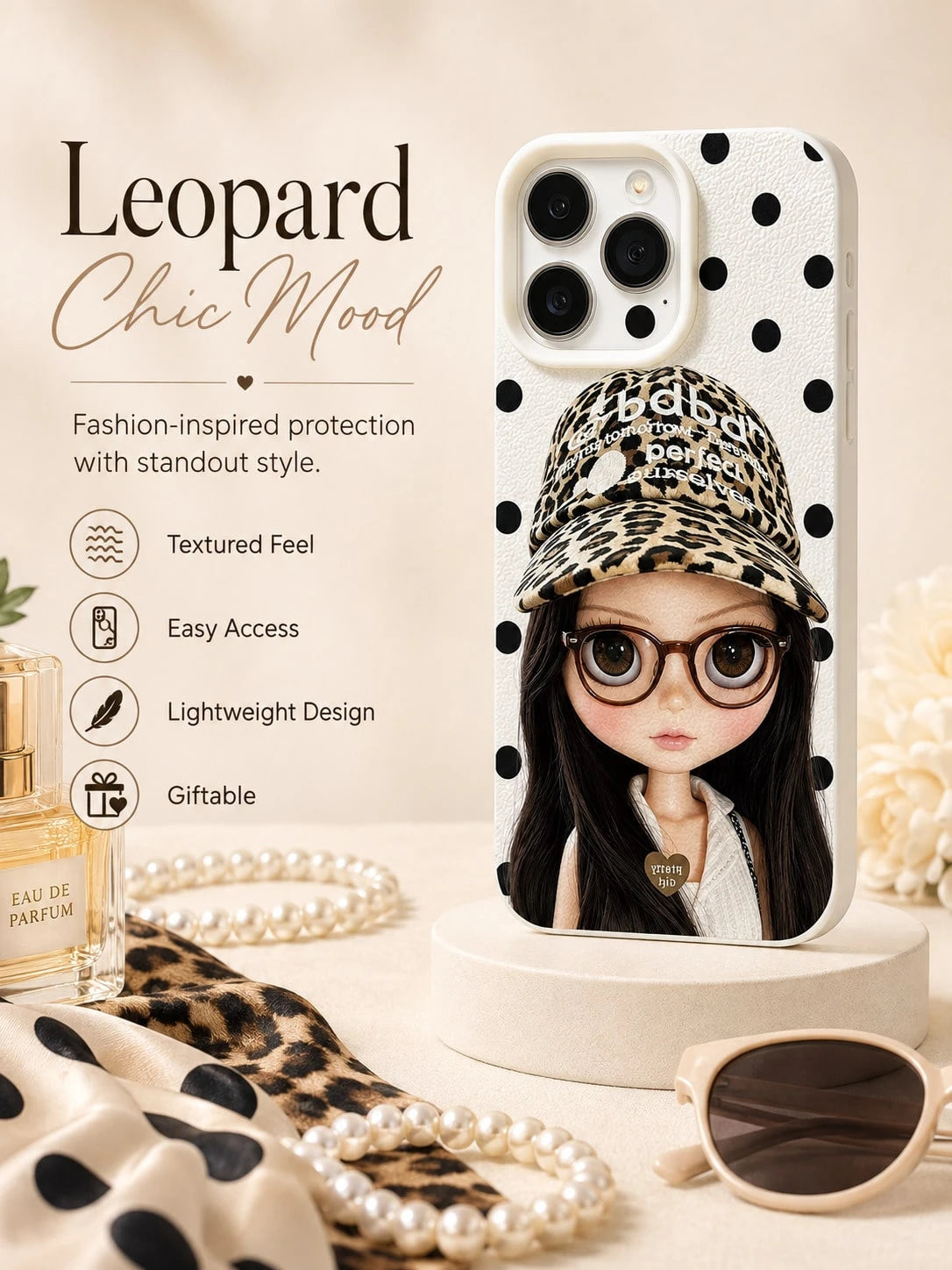 1PC Y2K Blythe Doll Phone Case For IPhone 17 16 15 14 13 12 11 Pro Max, Glasses Leopard Print Cap Big Eyed Doll Black Polka Dot White Grain TPU Shockproof Phone Cover