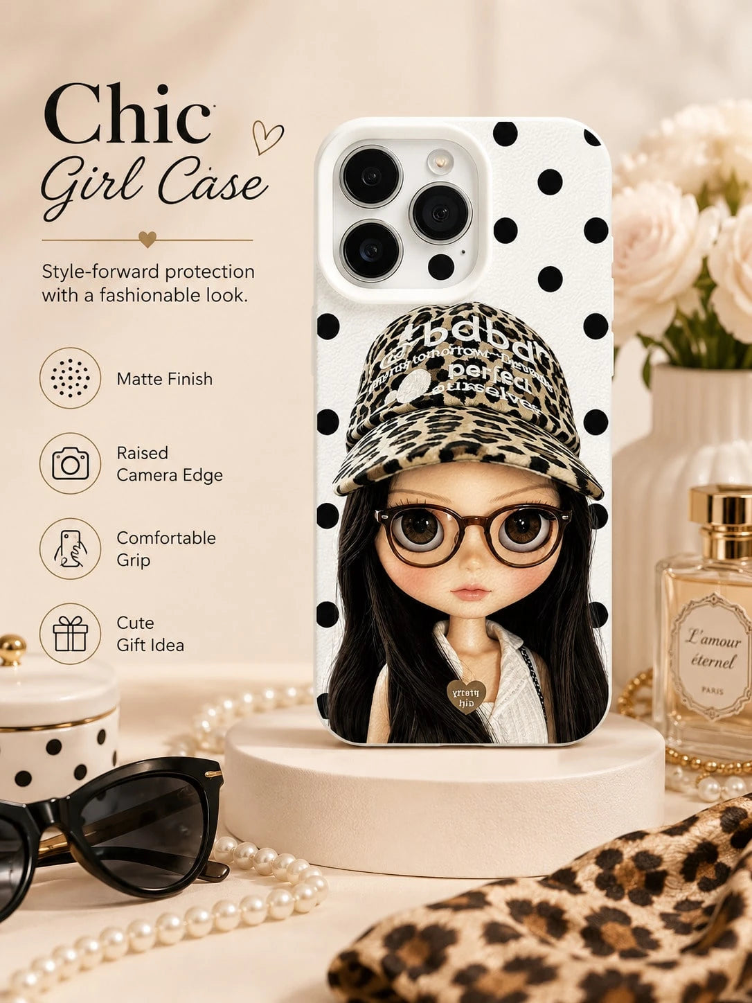 1PC Y2K Blythe Doll Phone Case For IPhone 17 16 15 14 13 12 11 Pro Max, Glasses Leopard Print Cap Big Eyed Doll Black Polka Dot White Grain TPU Shockproof Phone Cover
