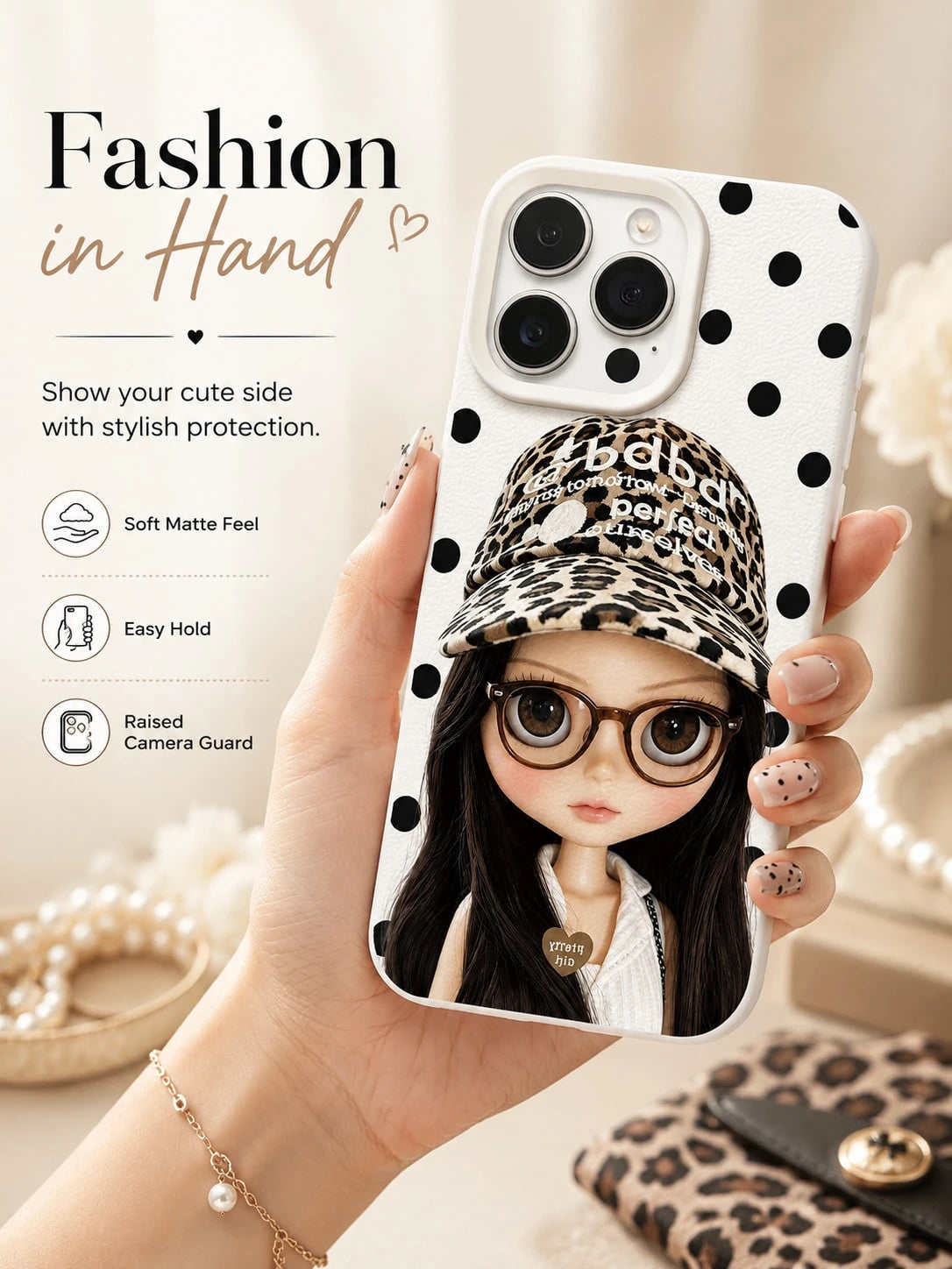 1PC Y2K Blythe Doll Phone Case For IPhone 17 16 15 14 13 12 11 Pro Max, Glasses Leopard Print Cap Big Eyed Doll Black Polka Dot White Grain TPU Shockproof Phone Cover