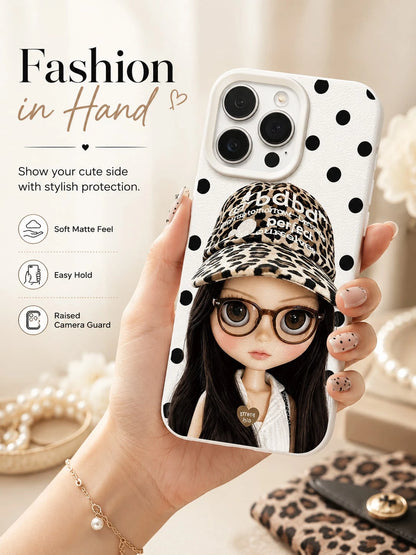 1PC Y2K Blythe Doll Phone Case For IPhone 17 16 15 14 13 12 11 Pro Max, Glasses Leopard Print Cap Big Eyed Doll Black Polka Dot White Grain TPU Shockproof Phone Cover