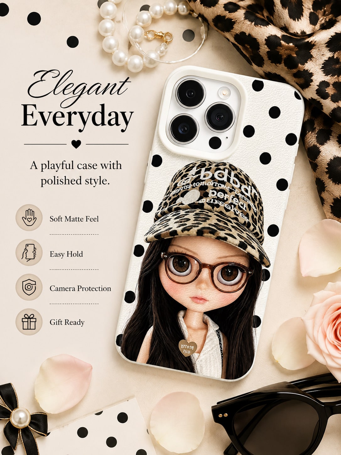 1PC Y2K Blythe Doll Phone Case For IPhone 17 16 15 14 13 12 11 Pro Max, Glasses Leopard Print Cap Big Eyed Doll Black Polka Dot White Grain TPU Shockproof Phone Cover