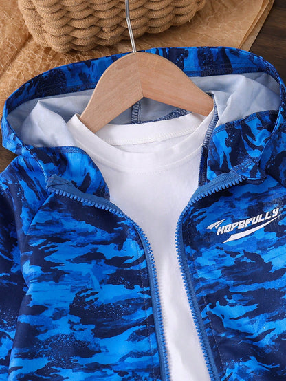 1pc Young Boy Casual Minimalist Camouflage Print Hooded Long Sleeve Jacket, Fashionable Casual Design, Suitable For Summer Wear, Suitable For 4-7 Years Old Boys Daily Wear, Suitable For Sports