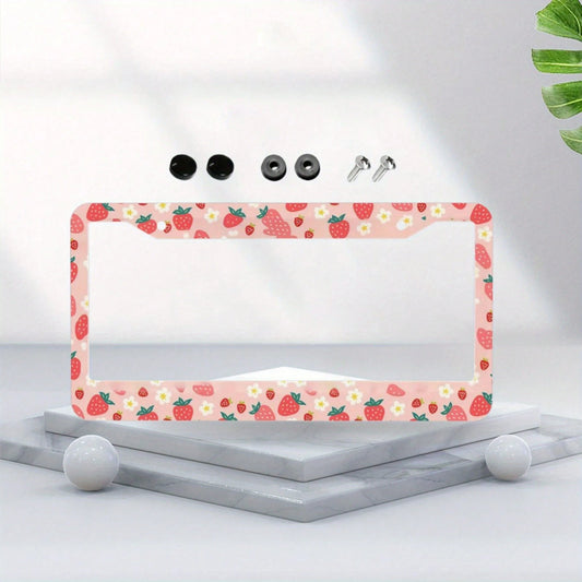 1pc, Strawberry Pattern Aluminum License Plate Frame – Cute Pink Design With White Strawberries & Flowers, Fit For US Cars, Perfect Gift For Family & Friends, Decorative Car Accessory, 31*16cm(12.2*6.