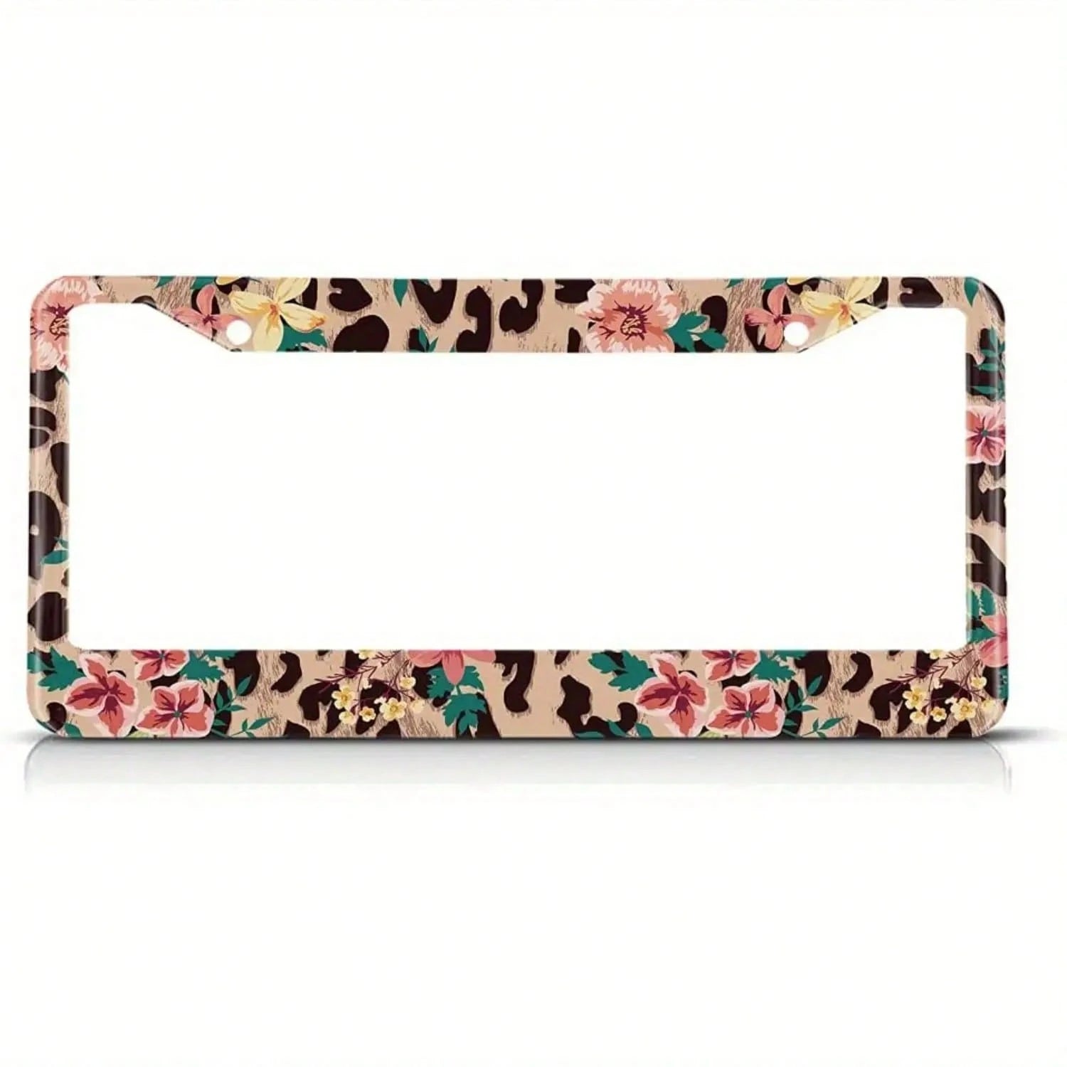 1pc, Vintage Floral And Leopard Print License Plate Frame-Pink Flower And Coffee Color Hawaiian Design, Metal License Plate Frame For American Vehicles, Standard 2 One Holes, Car Exterior Accessories