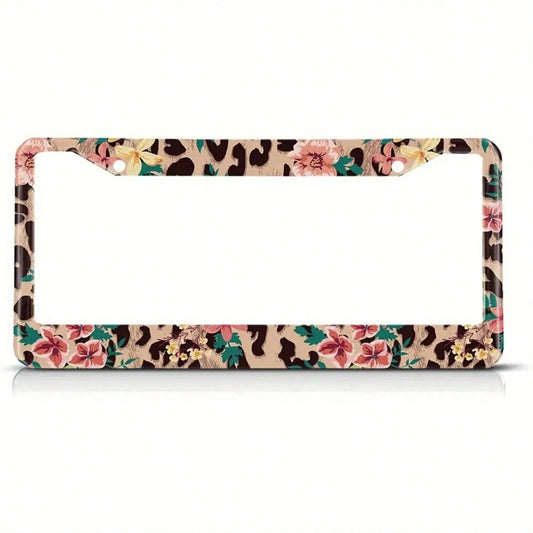 1pc, Vintage Floral And Leopard Print License Plate Frame-Pink Flower And Coffee Color Hawaiian Design, Metal License Plate Frame For American Vehicles, Standard 2 One Holes, Car Exterior Accessories