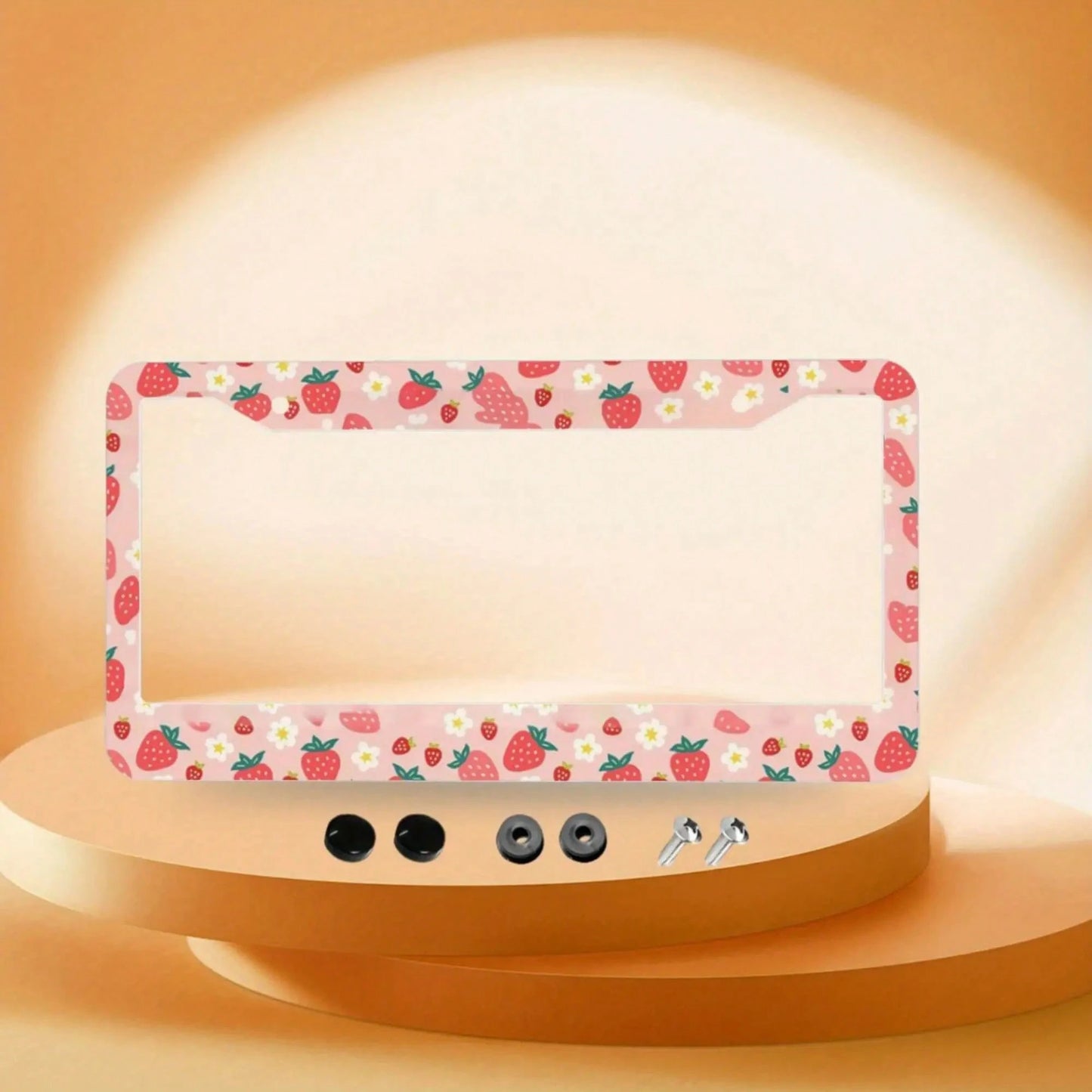1pc, Strawberry Pattern Aluminum License Plate Frame – Cute Pink Design With White Strawberries & Flowers, Fit For US Cars, Perfect Gift For Family & Friends, Decorative Car Accessory, 31*16cm(12.2*6.