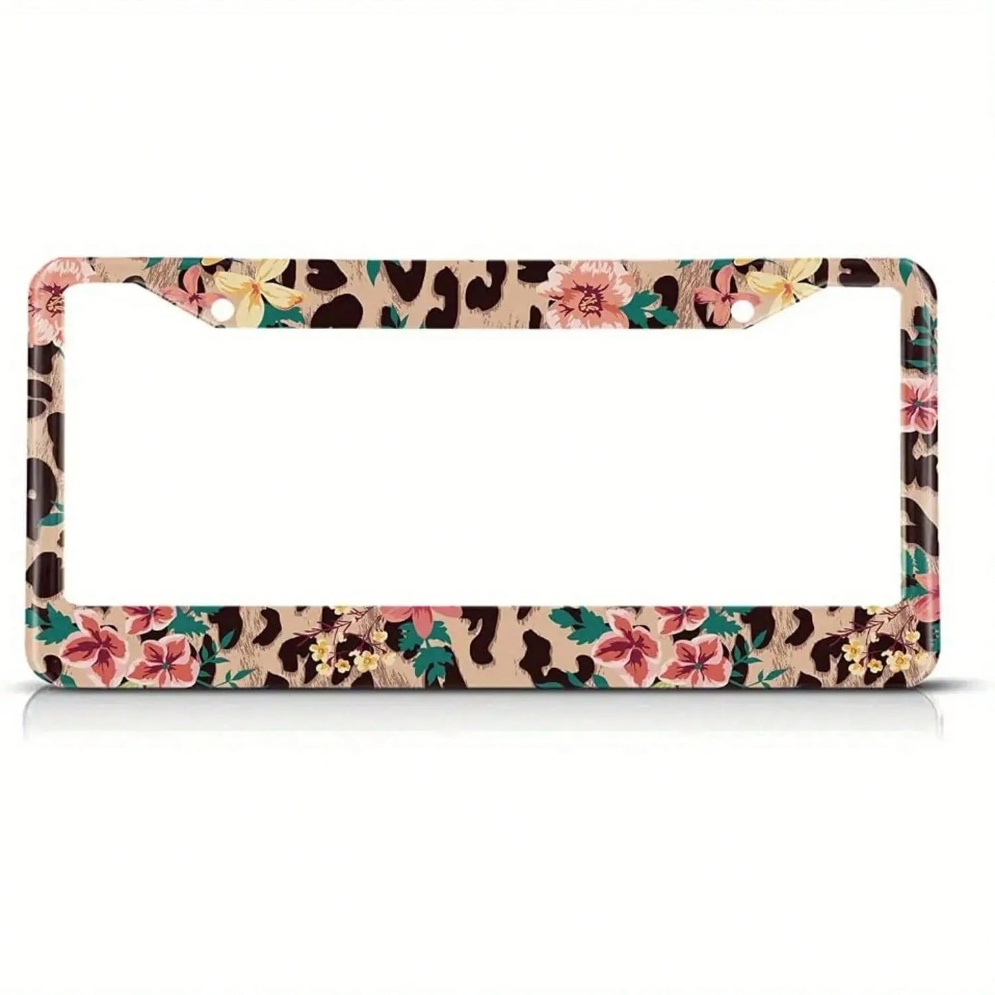 1pc, Vintage Floral And Leopard Print License Plate Frame-Pink Flower And Coffee Color Hawaiian Design, Metal License Plate Frame For American Vehicles, Standard 2 One Holes, Car Exterior Accessories