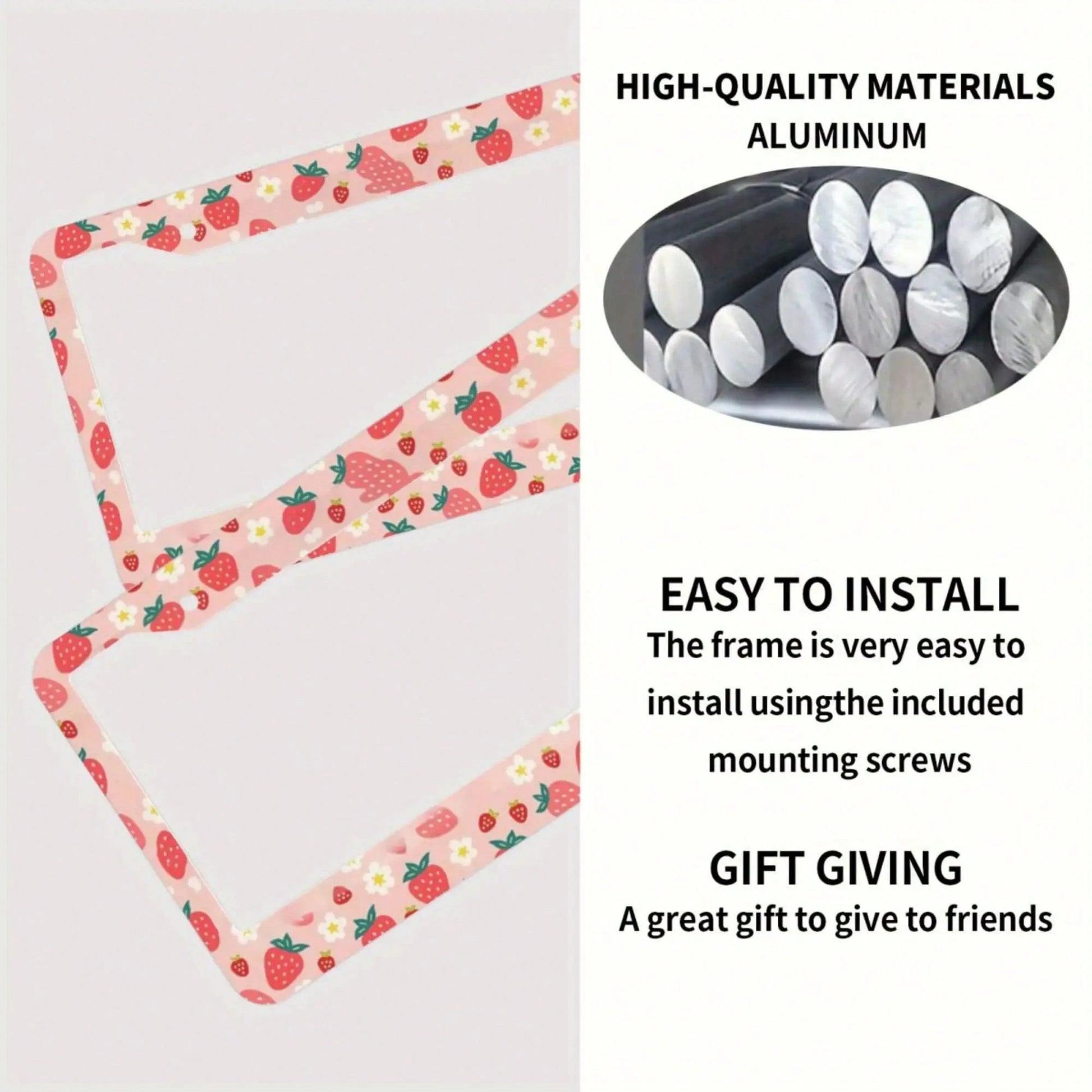 1pc, Strawberry Pattern Aluminum License Plate Frame – Cute Pink Design With White Strawberries & Flowers, Fit For US Cars, Perfect Gift For Family & Friends, Decorative Car Accessory, 31*16cm(12.2*6.
