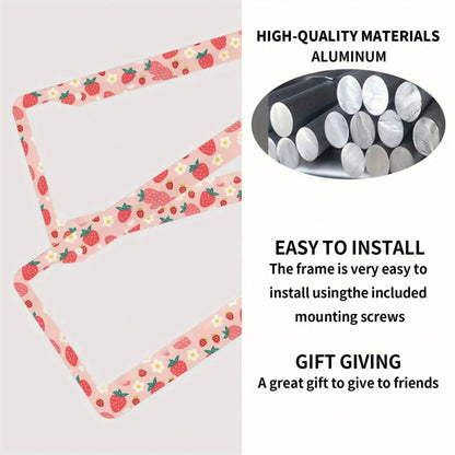 1pc, Strawberry Pattern Aluminum License Plate Frame – Cute Pink Design With White Strawberries & Flowers, Fit For US Cars, Perfect Gift For Family & Friends, Decorative Car Accessory, 31*16cm(12.2*6.
