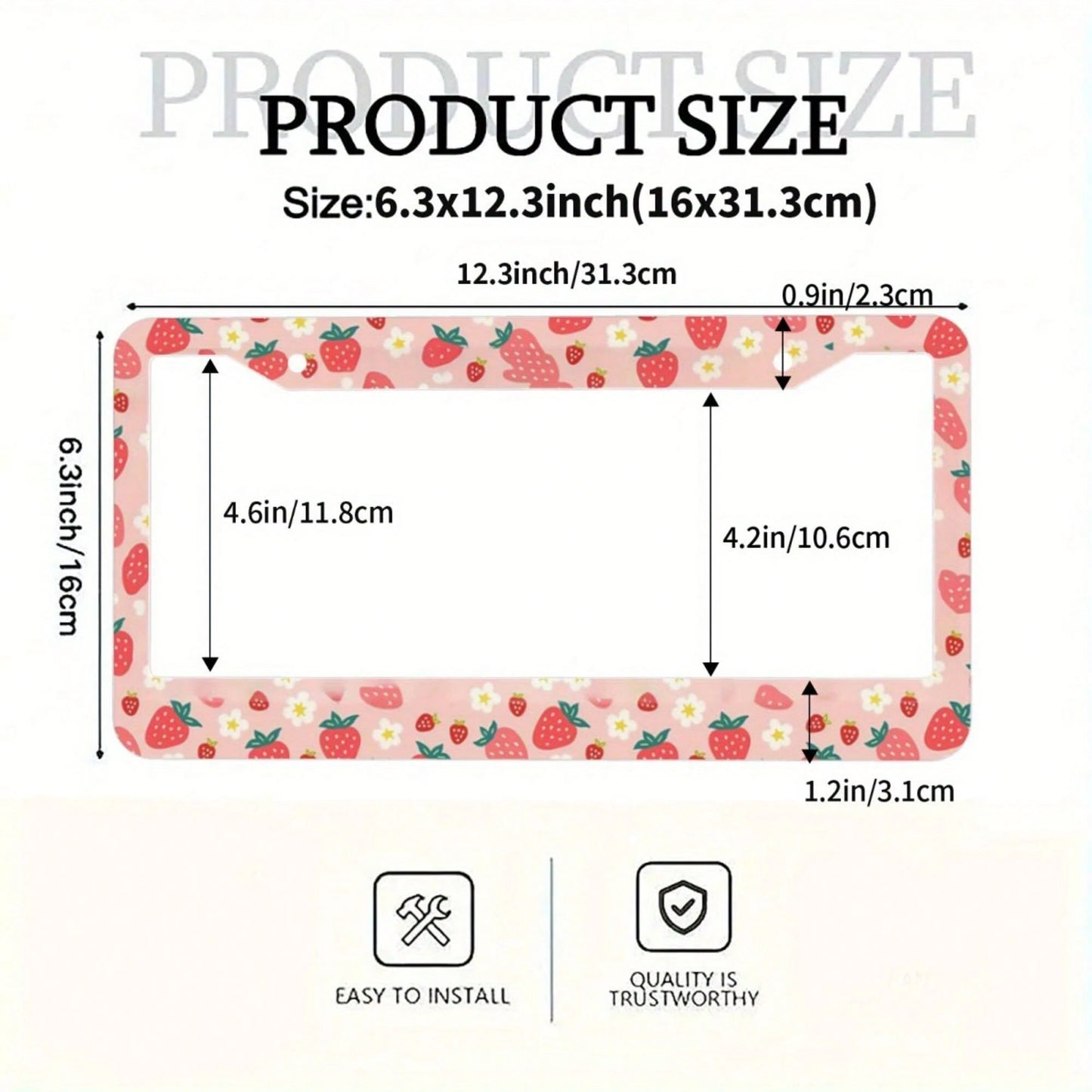 1pc, Strawberry Pattern Aluminum License Plate Frame – Cute Pink Design With White Strawberries & Flowers, Fit For US Cars, Perfect Gift For Family & Friends, Decorative Car Accessory, 31*16cm(12.2*6.