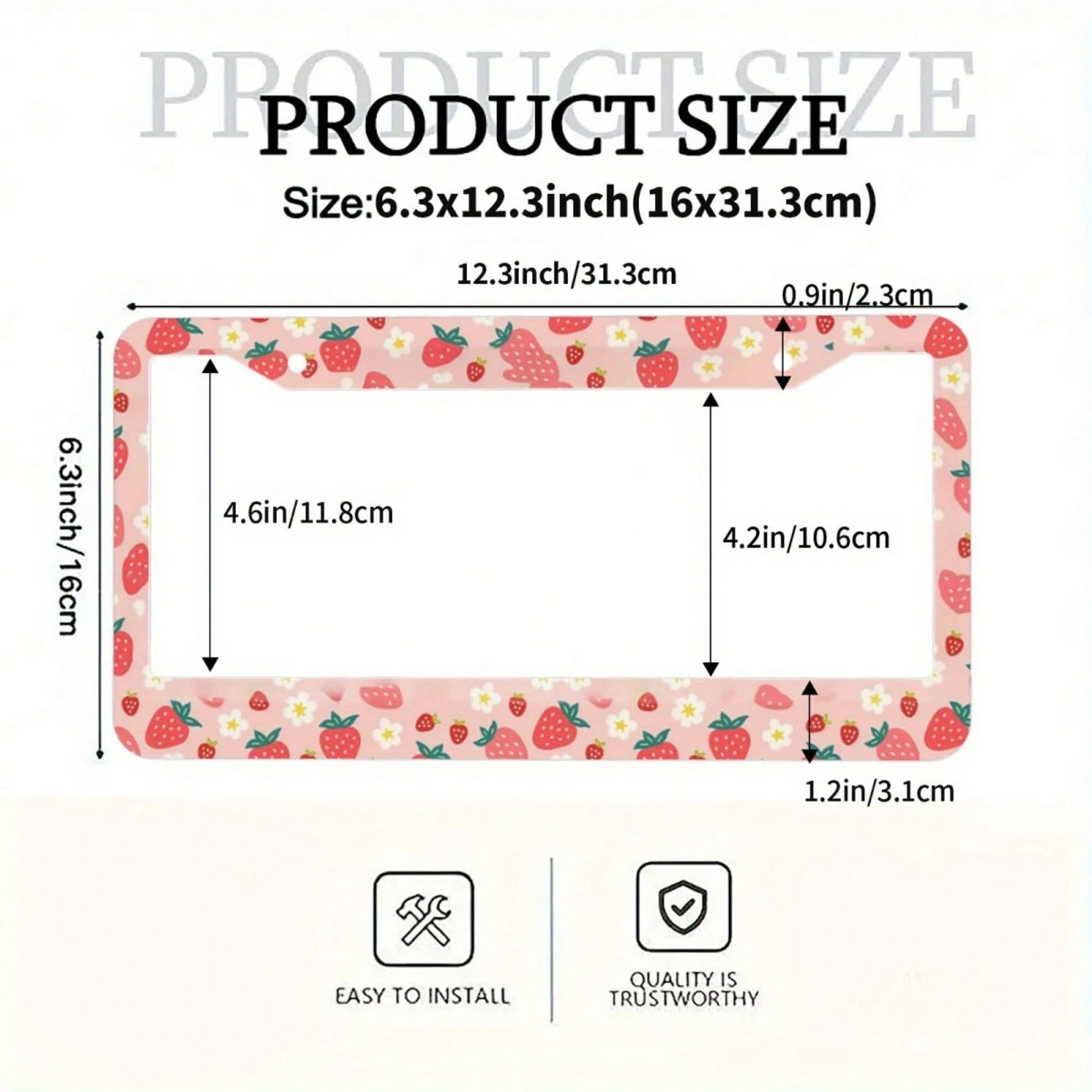 1pc, Strawberry Pattern Aluminum License Plate Frame – Cute Pink Design With White Strawberries & Flowers, Fit For US Cars, Perfect Gift For Family & Friends, Decorative Car Accessory, 31*16cm(12.2*6.