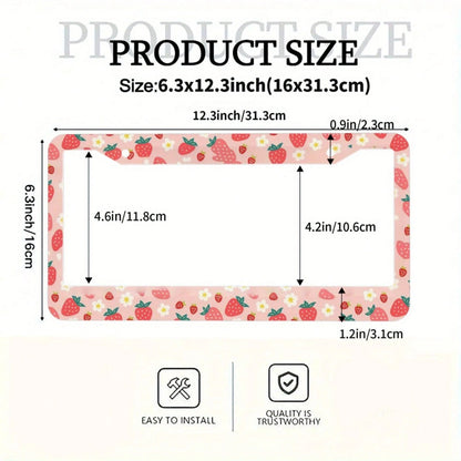 1pc, Strawberry Pattern Aluminum License Plate Frame – Cute Pink Design With White Strawberries & Flowers, Fit For US Cars, Perfect Gift For Family & Friends, Decorative Car Accessory, 31*16cm(12.2*6.