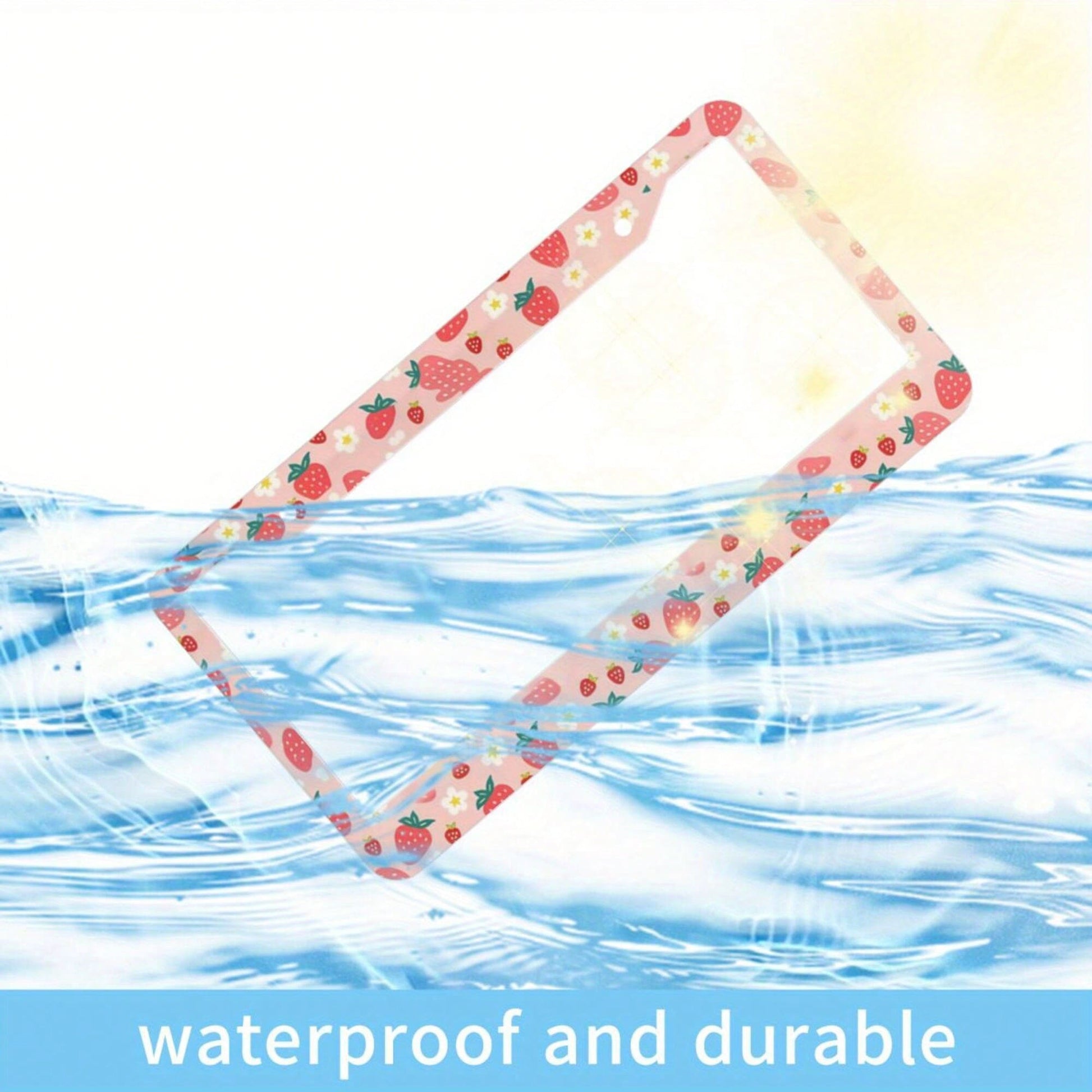 1pc, Strawberry Pattern Aluminum License Plate Frame – Cute Pink Design With White Strawberries & Flowers, Fit For US Cars, Perfect Gift For Family & Friends, Decorative Car Accessory, 31*16cm(12.2*6.