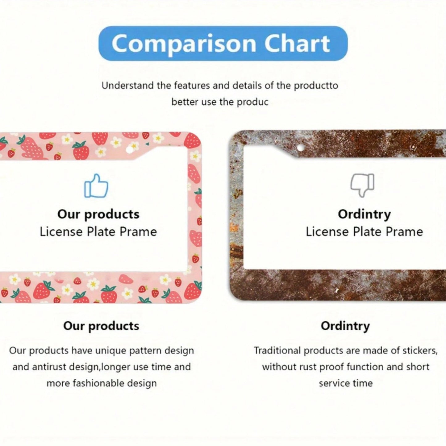 1pc, Strawberry Pattern Aluminum License Plate Frame – Cute Pink Design With White Strawberries & Flowers, Fit For US Cars, Perfect Gift For Family & Friends, Decorative Car Accessory, 31*16cm(12.2*6.