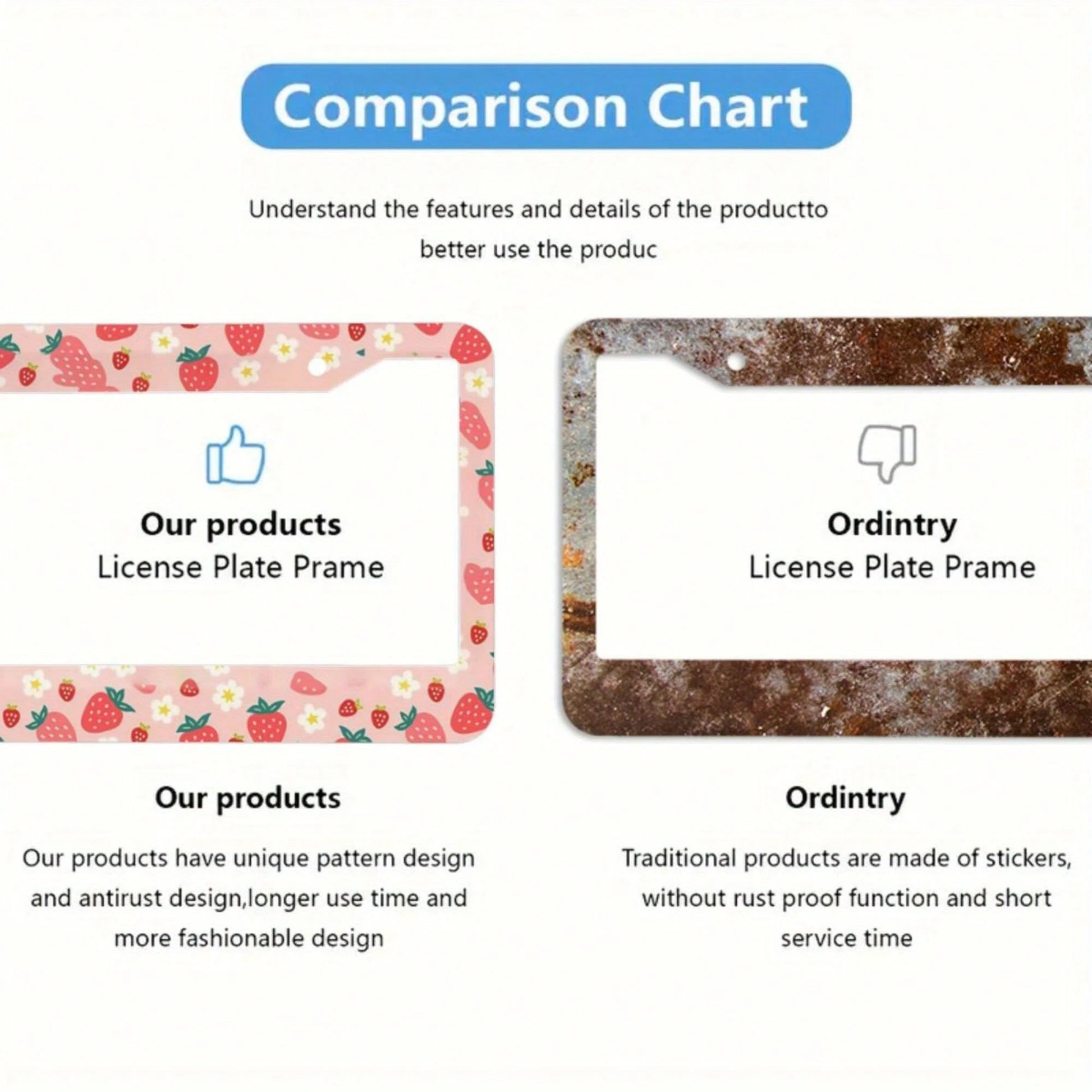 1pc, Strawberry Pattern Aluminum License Plate Frame – Cute Pink Design With White Strawberries & Flowers, Fit For US Cars, Perfect Gift For Family & Friends, Decorative Car Accessory, 31*16cm(12.2*6.