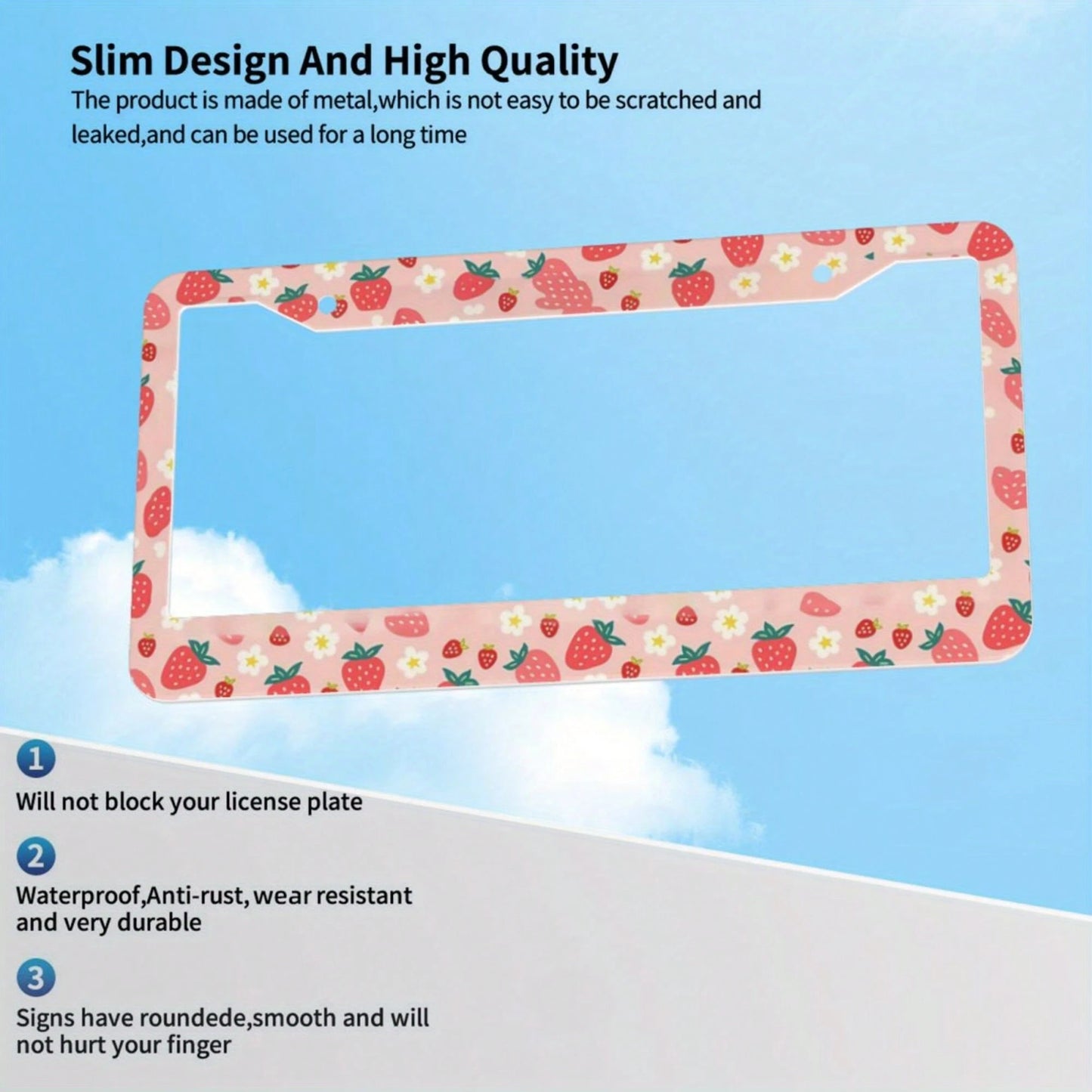 1pc, Strawberry Pattern Aluminum License Plate Frame – Cute Pink Design With White Strawberries & Flowers, Fit For US Cars, Perfect Gift For Family & Friends, Decorative Car Accessory, 31*16cm(12.2*6.