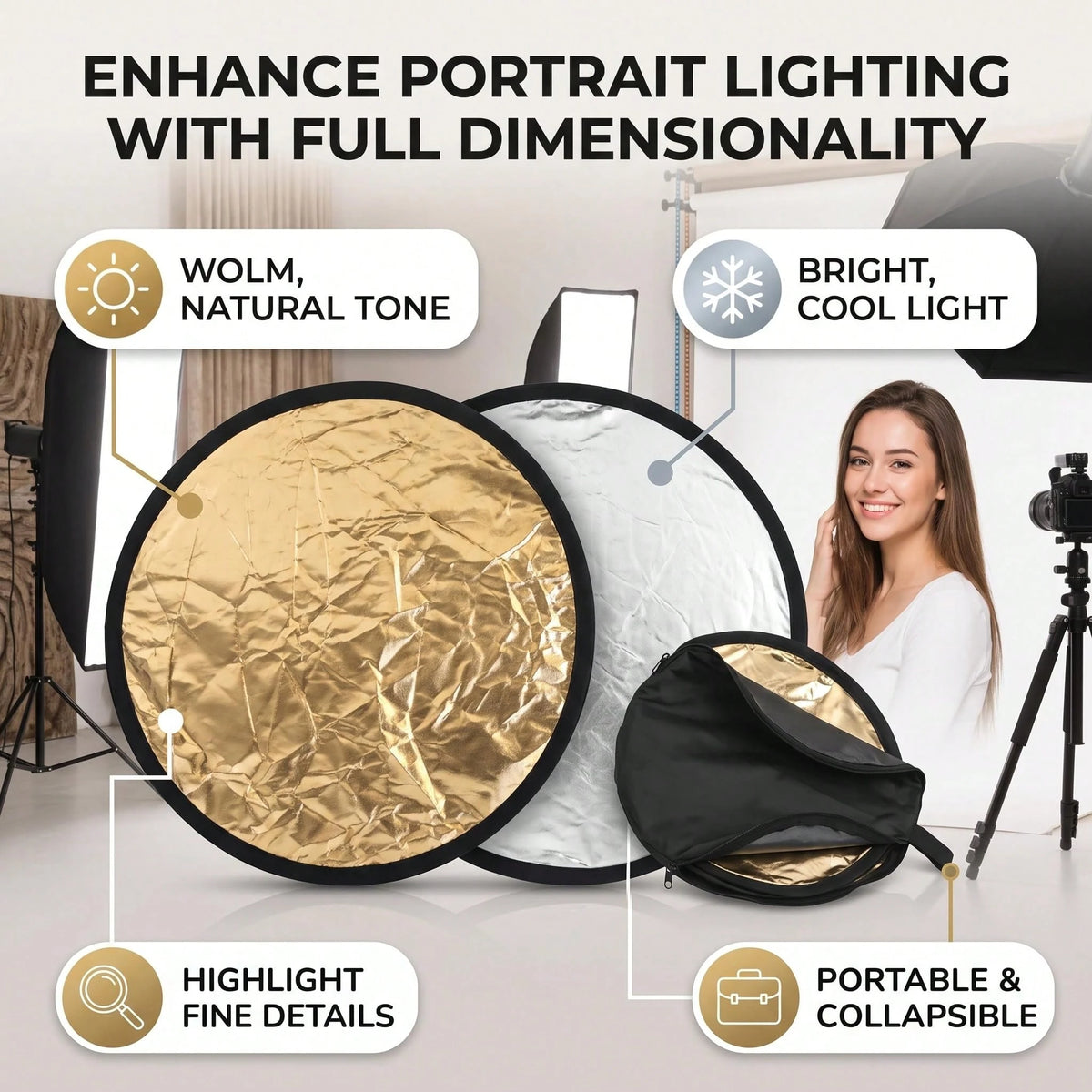 1PCS 30cm 2-In-1 3-In-1 Reflective Board, Gold/Silver Mini Portable Photography Reflector, Foldable Outdoor Shooting Fill Light Board, Portrait Photography Fill Light Board, Photography Reflective Boa