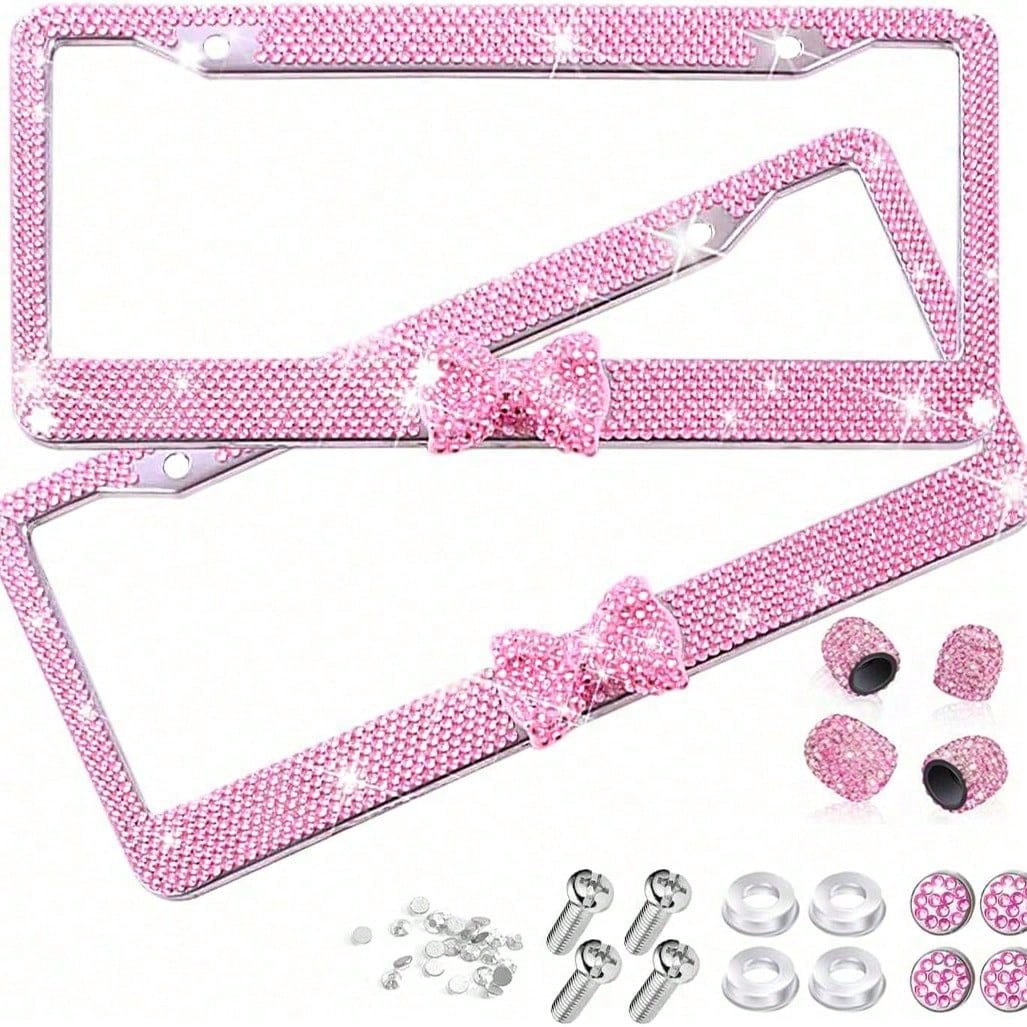 1PCS Bling License Plate Frame For Women, Rhinestone Bow Car License Plate Holder,Handmade Glitter Crystal Diamond Lincense Plate Cover