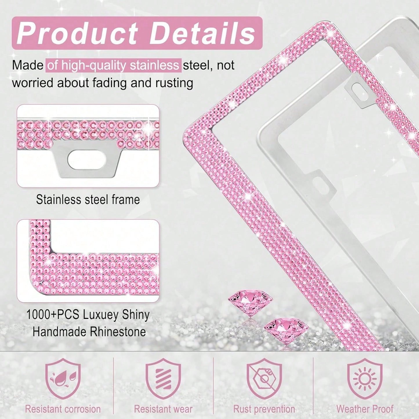 1PCS Bling License Plate Frame For Women, Rhinestone Bow Car License Plate Holder,Handmade Glitter Crystal Diamond Lincense Plate Cover