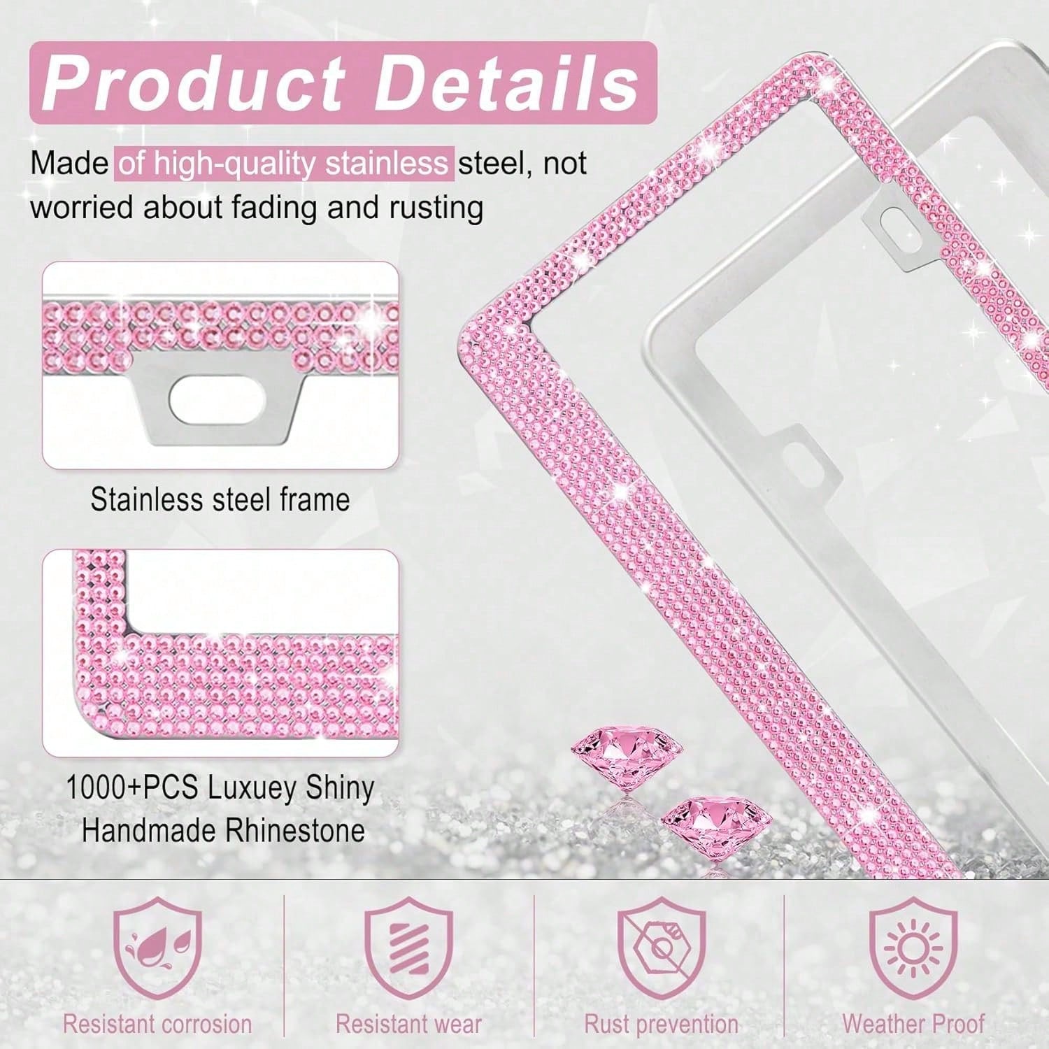 1PCS Bling License Plate Frame For Women, Rhinestone Bow Car License Plate Holder,Handmade Glitter Crystal Diamond Lincense Plate Cover
