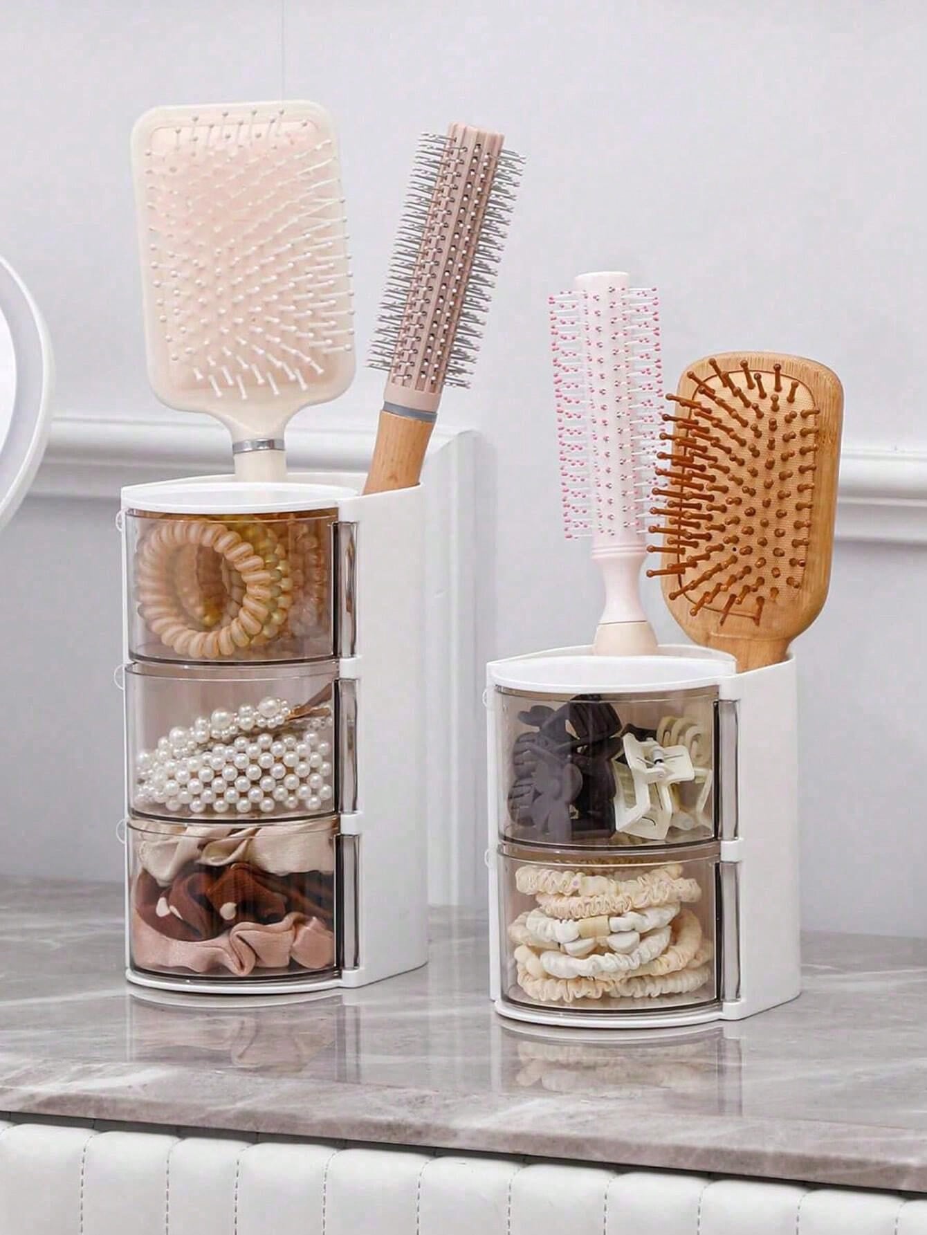 2/1pc Rotating Makeup Organizer Box With Multiple Storage Compartments For Makeup Brushes, Combs, Hair Clips, Hair Ties, Hair Claws, Jewelry And Accessories- Ideal Cosmetic Storage Solution For Bedro