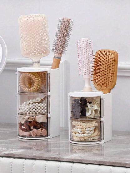 2/1pc Rotating Makeup Organizer Box With Multiple Storage Compartments For Makeup Brushes, Combs, Hair Clips, Hair Ties, Hair Claws, Jewelry And Accessories- Ideal Cosmetic Storage Solution For Bedro