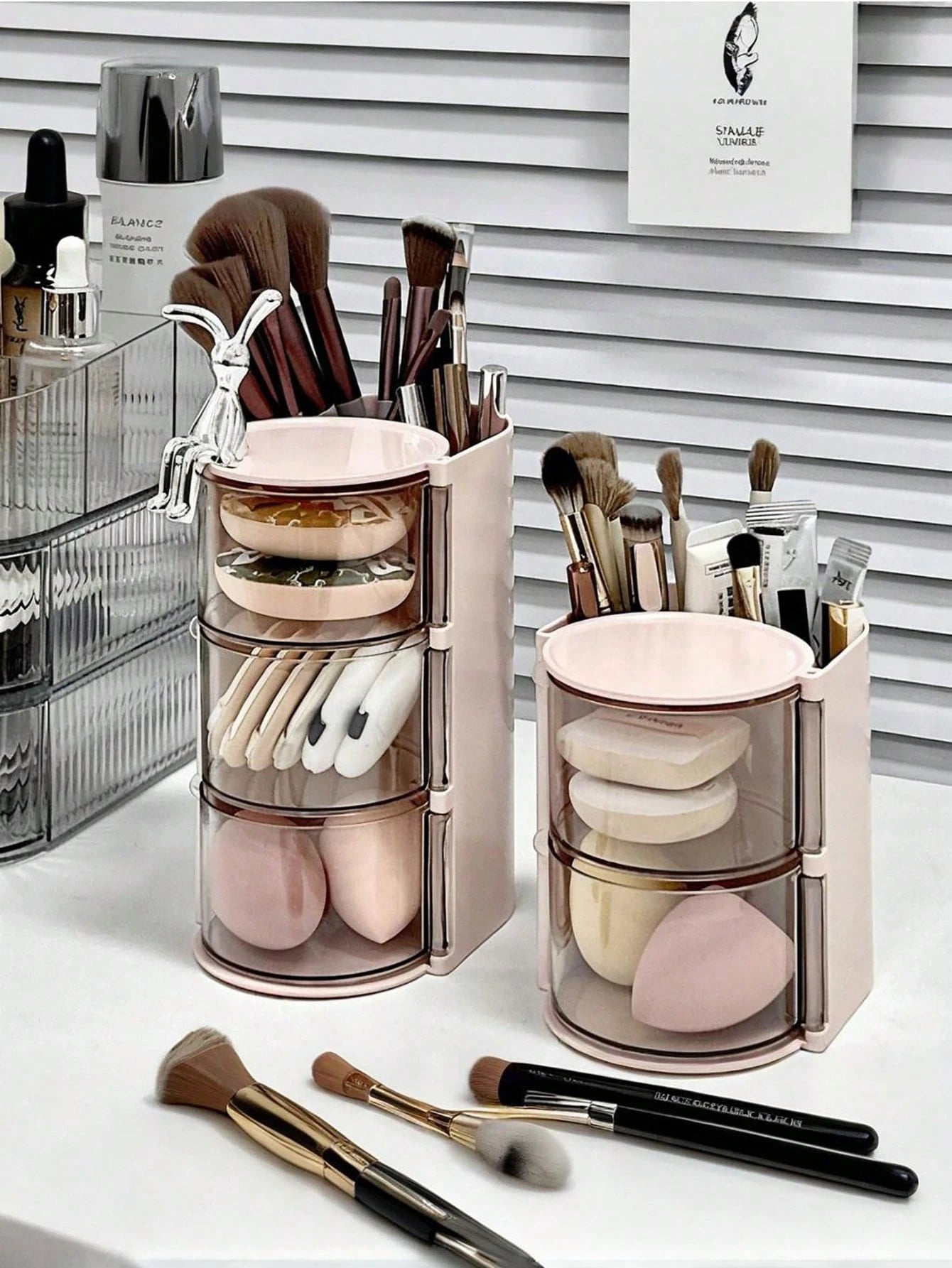 2/1pc Rotating Makeup Organizer Box With Multiple Storage Compartments For Makeup Brushes, Combs, Hair Clips, Hair Ties, Hair Claws, Jewelry And Accessories- Ideal Cosmetic Storage Solution For Bedro