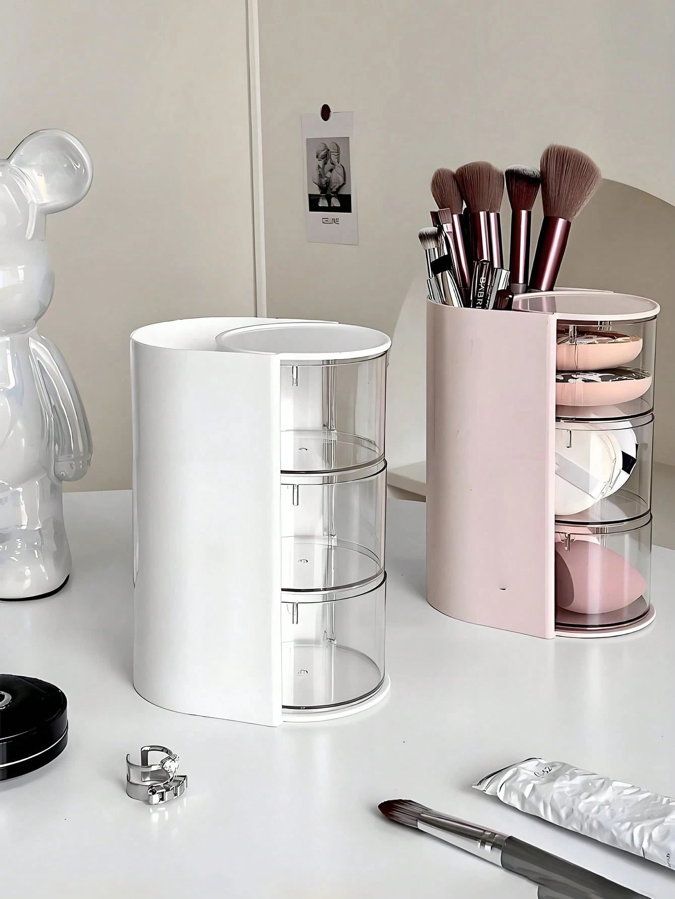 2/1pc Rotating Makeup Organizer Box With Multiple Storage Compartments For Makeup Brushes, Combs, Hair Clips, Hair Ties, Hair Claws, Jewelry And Accessories- Ideal Cosmetic Storage Solution For Bedro