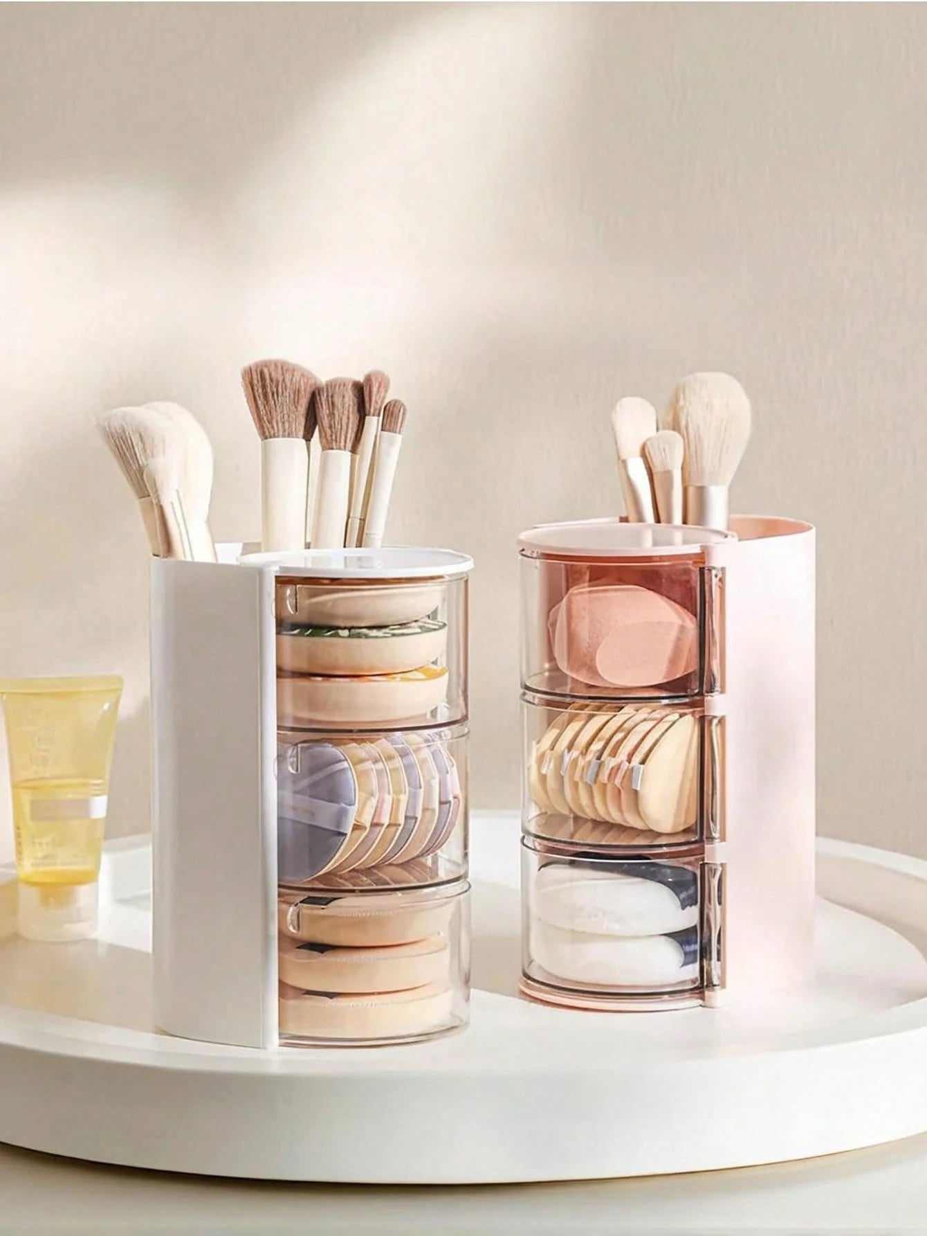 2/1pc Rotating Makeup Organizer Box With Multiple Storage Compartments For Makeup Brushes, Combs, Hair Clips, Hair Ties, Hair Claws, Jewelry And Accessories- Ideal Cosmetic Storage Solution For Bedro