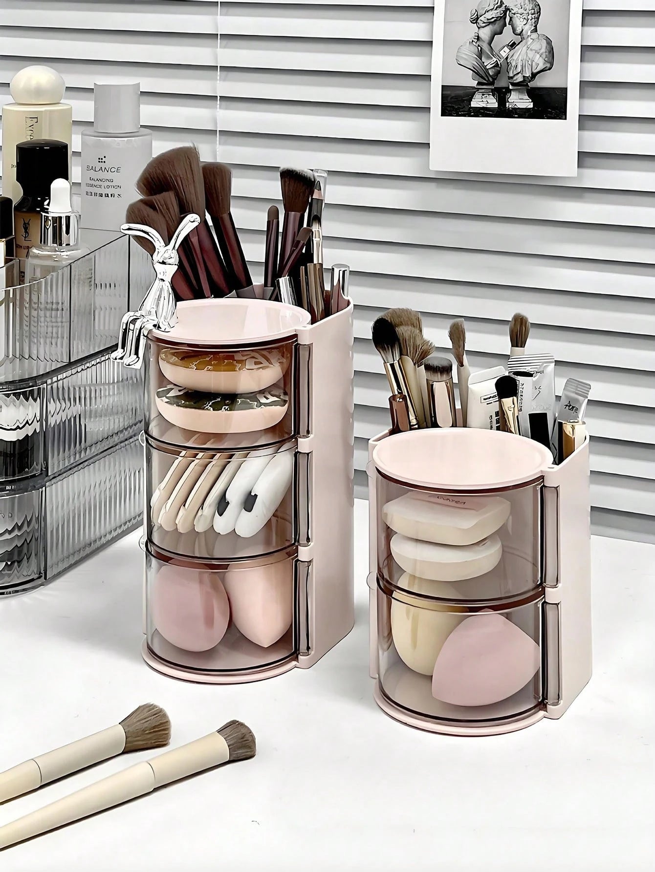 2/1pc Rotating Makeup Organizer Box With Multiple Storage Compartments For Makeup Brushes, Combs, Hair Clips, Hair Ties, Hair Claws, Jewelry And Accessories- Ideal Cosmetic Storage Solution For Bedro