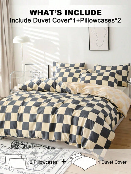2/3Pcs Checkerboard Plaid Duvet Cover Set, Soft Microfiber All-Season Bedding, Autumn Bedroom Decor, Wrinkle Resistant Cover, Twin XL & King Size Available, Boho Farmhouse Bedding For Dorm, Apartment