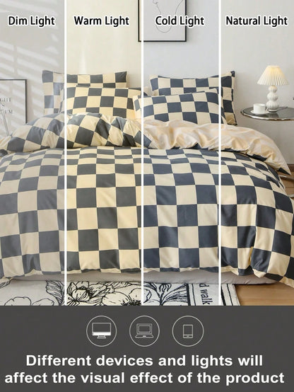 2/3Pcs Checkerboard Plaid Duvet Cover Set, Soft Microfiber All-Season Bedding, Autumn Bedroom Decor, Wrinkle Resistant Cover, Twin XL & King Size Available, Boho Farmhouse Bedding For Dorm, Apartment