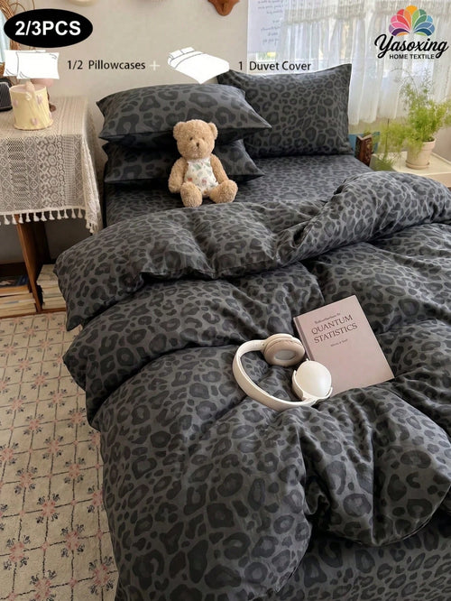 2/3pcs Set Fashionable Black & Dark Gray Leopard Print Duvet Cover Bedding Set, Soft & Breathable, Wrinkle-Resistant, Luxury Hotel Style, Gift For Parents & Friends, Reversible Dual-Color Quilted Duve