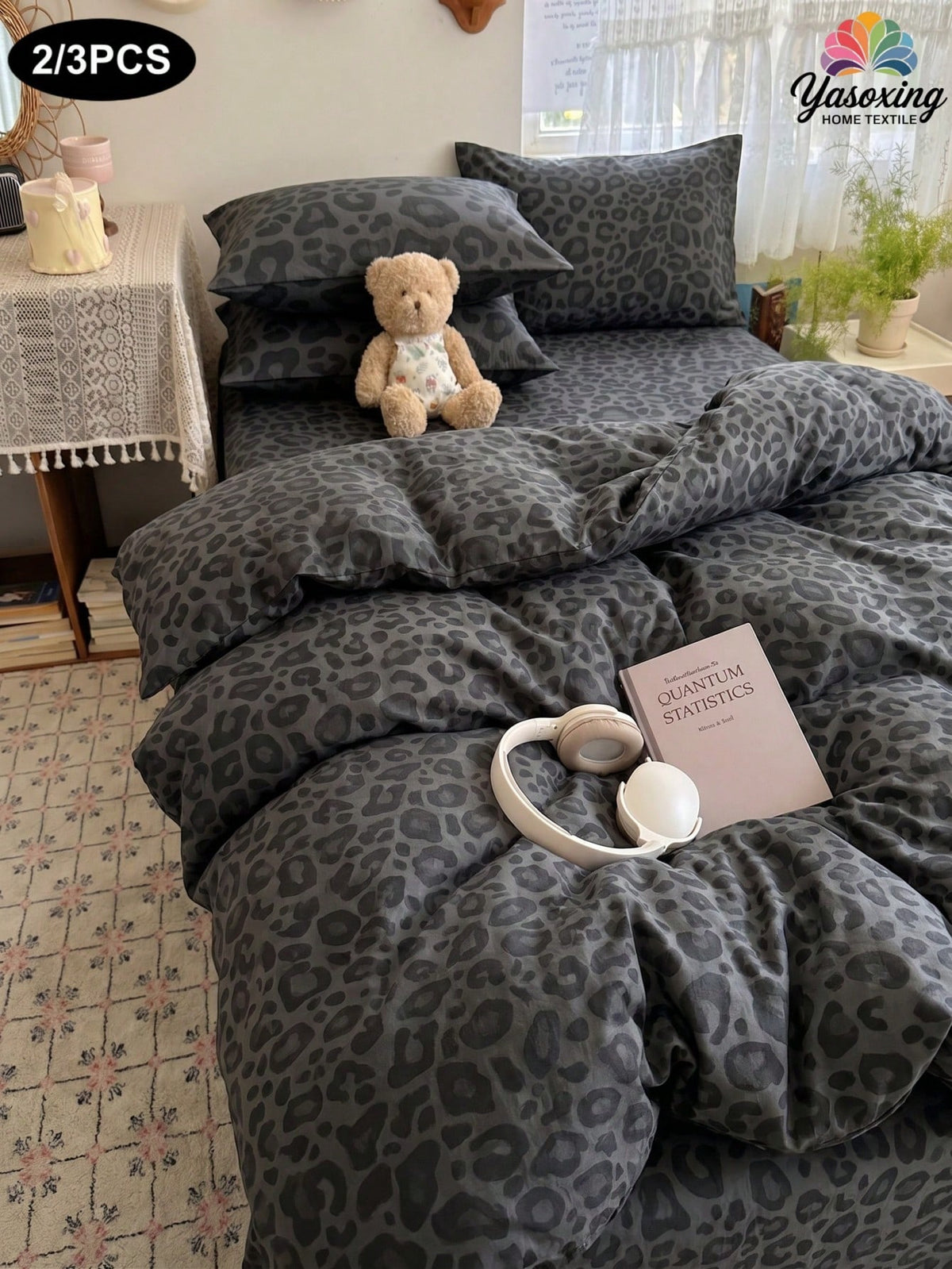 2/3pcs Set Fashionable Black & Dark Gray Leopard Print Duvet Cover Bedding Set, Soft & Breathable, Wrinkle-Resistant, Luxury Hotel Style, Gift For Parents & Friends, Reversible Dual-Color Quilted Duve