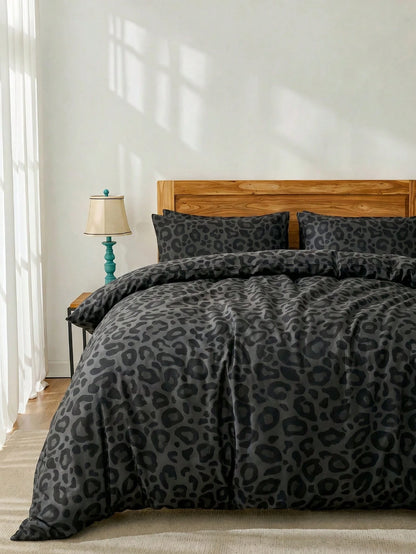 2/3pcs Set Fashionable Black & Dark Gray Leopard Print Duvet Cover Bedding Set, Soft & Breathable, Wrinkle-Resistant, Luxury Hotel Style, Gift For Parents & Friends, Reversible Dual-Color Quilted Duve