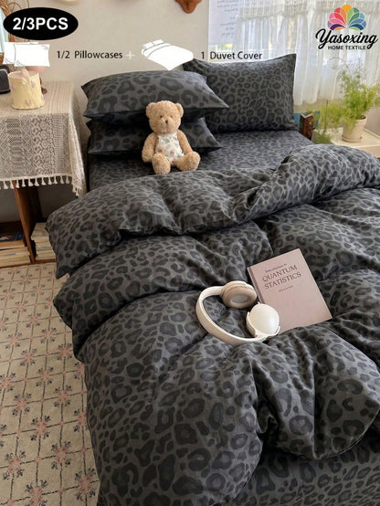 2/3pcs Set Fashionable Black & Dark Gray Leopard Print Duvet Cover Bedding Set, Soft & Breathable, Wrinkle-Resistant, Luxury Hotel Style, Gift For Parents & Friends, Reversible Dual-Color Quilted Duve