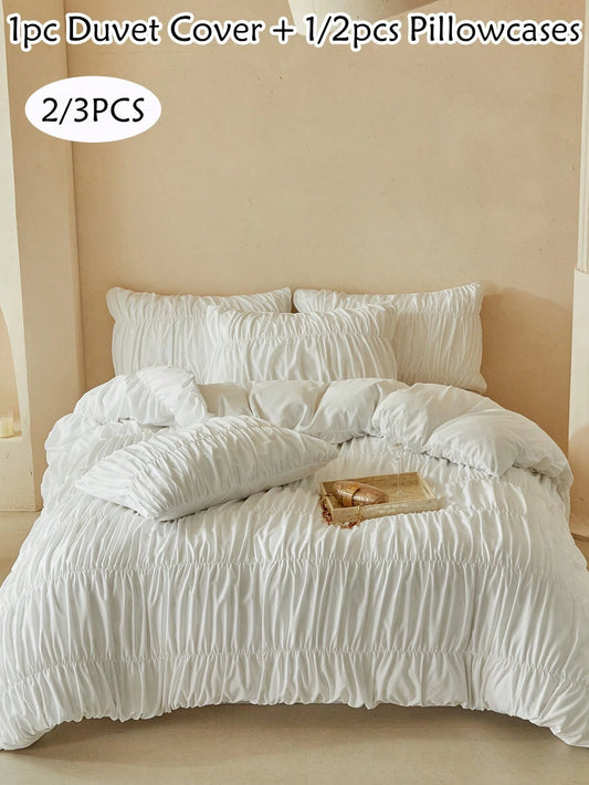 2/3pcs White Ruched Pleated Duvet Cover Set, Modern Luxury Style Polyester Duvet Cover & Pillowcase Bedding Set Suitable For All Seasons, Minimalist Princess Style Bedroom & Guest Room Decor, Soft & B